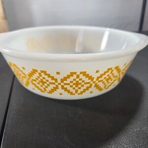 Vintage Glasbake Milk Glass Mixing Bowl Yellow Geometric Diamond Pattern USA